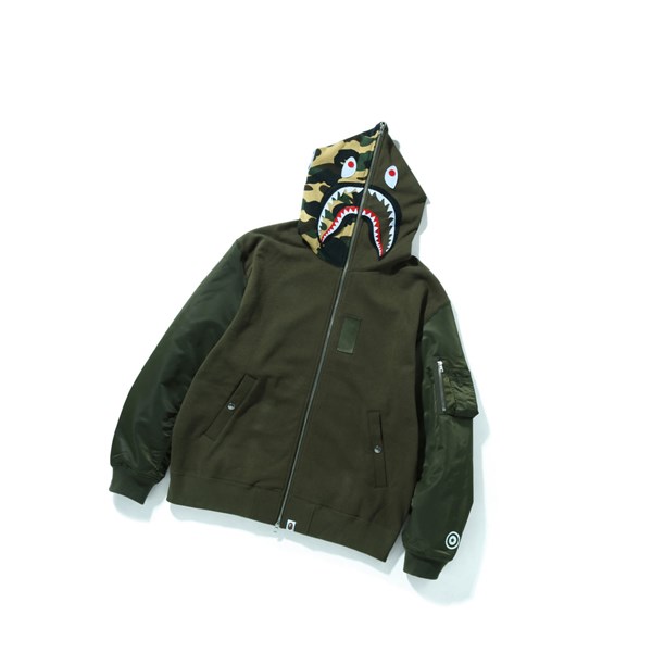 Pánské Mikiny S Kapucí A BATHING APE Bape Military Shark Relaxed Fit Full Zip Throughs Zelene | VMSWK-7365